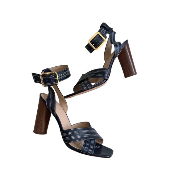 VERONICA BEARD Navy Leather Stacked Ankle Strap Heels Size 8 - Picture 4 of 8